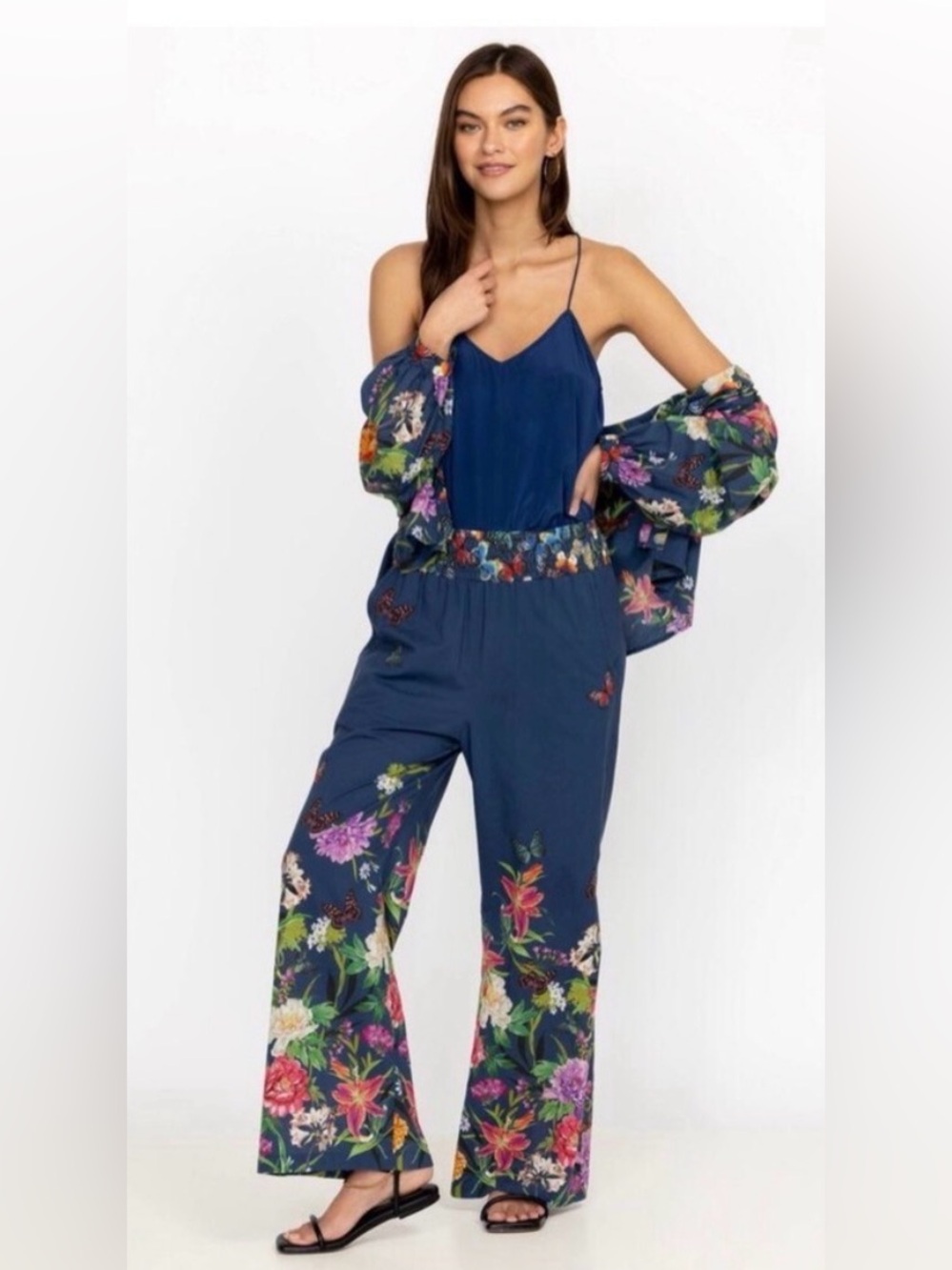 Johnny Was Navy Blue Wide-Leg pants with Floral Print